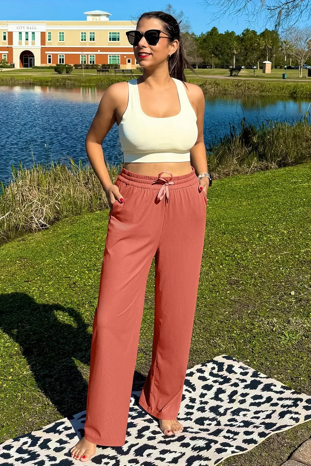 G4Free Ribbed Wide Leg Yoga Pants for Women with Pockets Drawstring High Waist Casual Lounge Pants Petite/Regular/Tall