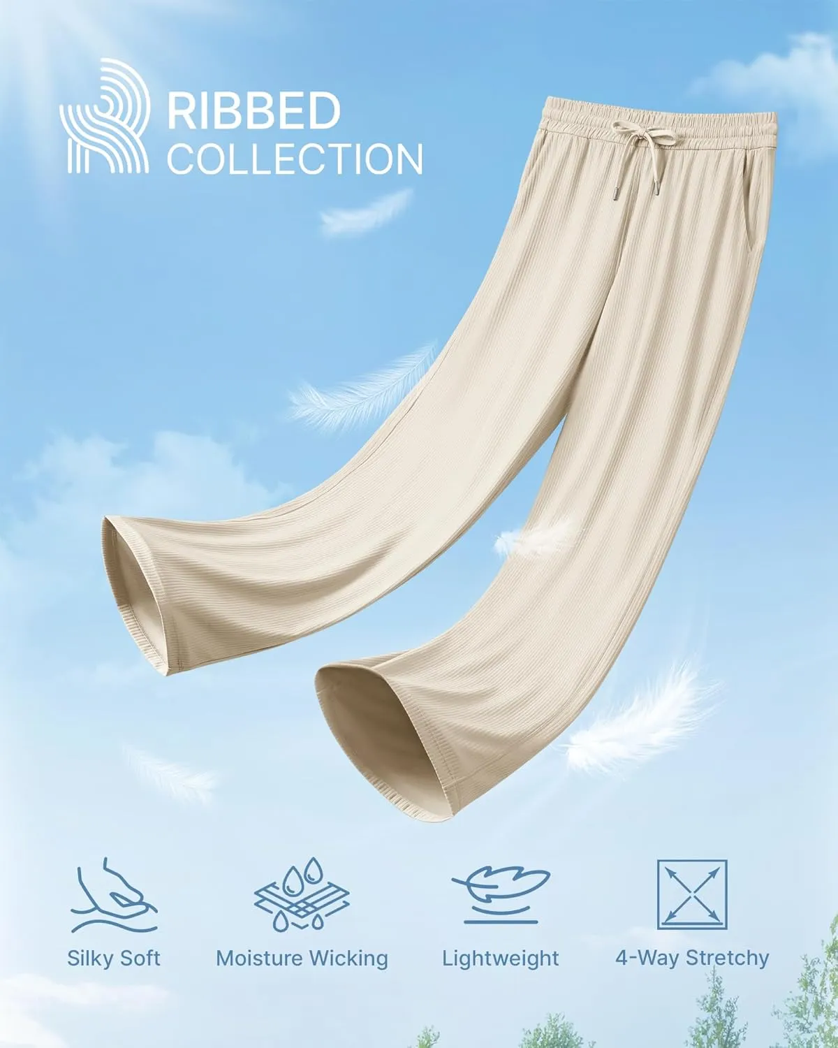 G4Free Ribbed Wide Leg Yoga Pants for Women with Pockets Drawstring High Waist Casual Lounge Pants Petite/Regular/Tall