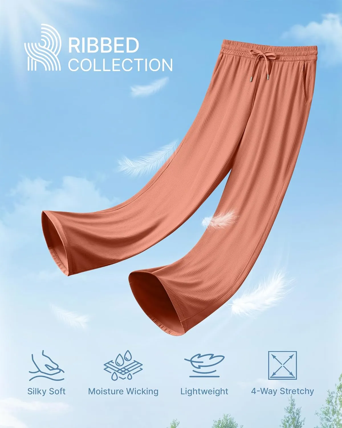 G4Free Ribbed Wide Leg Yoga Pants for Women with Pockets Drawstring High Waist Casual Lounge Pants Petite/Regular/Tall