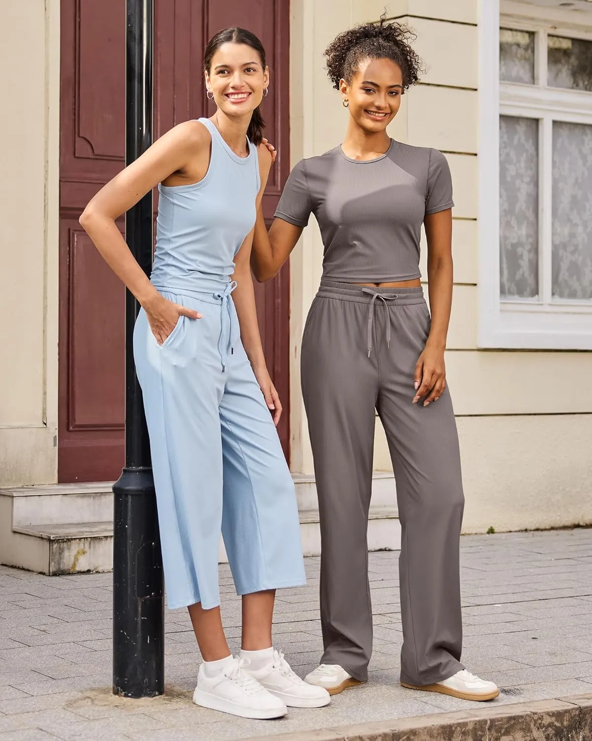 G4Free Ribbed Wide Leg Yoga Pants for Women with Pockets Drawstring High Waist Casual Lounge Pants Petite/Regular/Tall