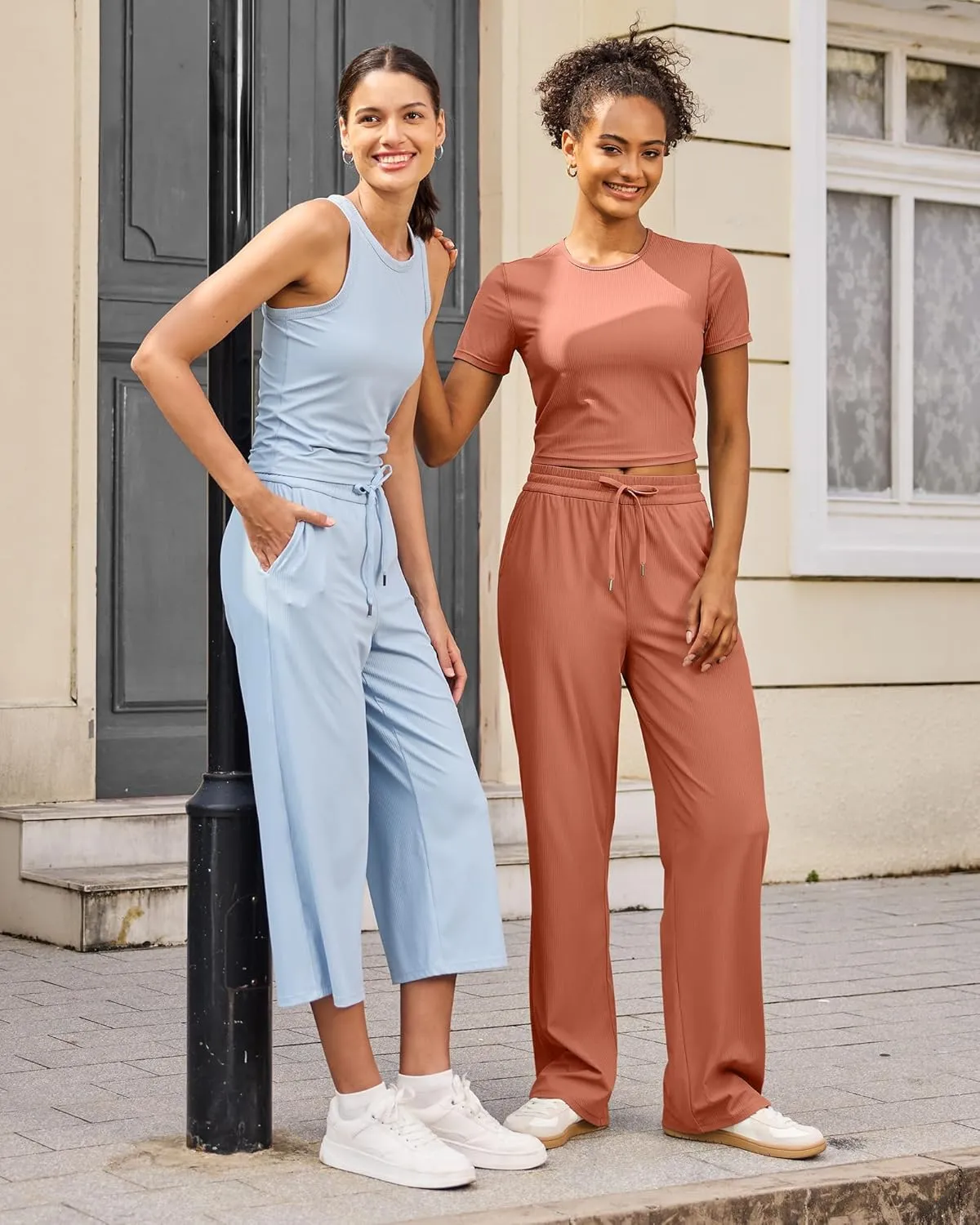 G4Free Ribbed Wide Leg Yoga Pants for Women with Pockets Drawstring High Waist Casual Lounge Pants Petite/Regular/Tall