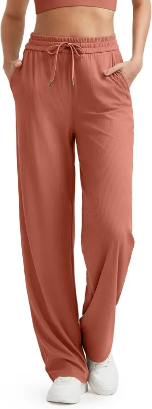 G4Free Ribbed Wide Leg Yoga Pants for Women with Pockets Drawstring High Waist Casual Lounge Pants Petite/Regular/Tall