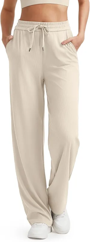 G4Free Ribbed Wide Leg Yoga Pants for Women with Pockets Drawstring High Waist Casual Lounge Pants Petite/Regular/Tall