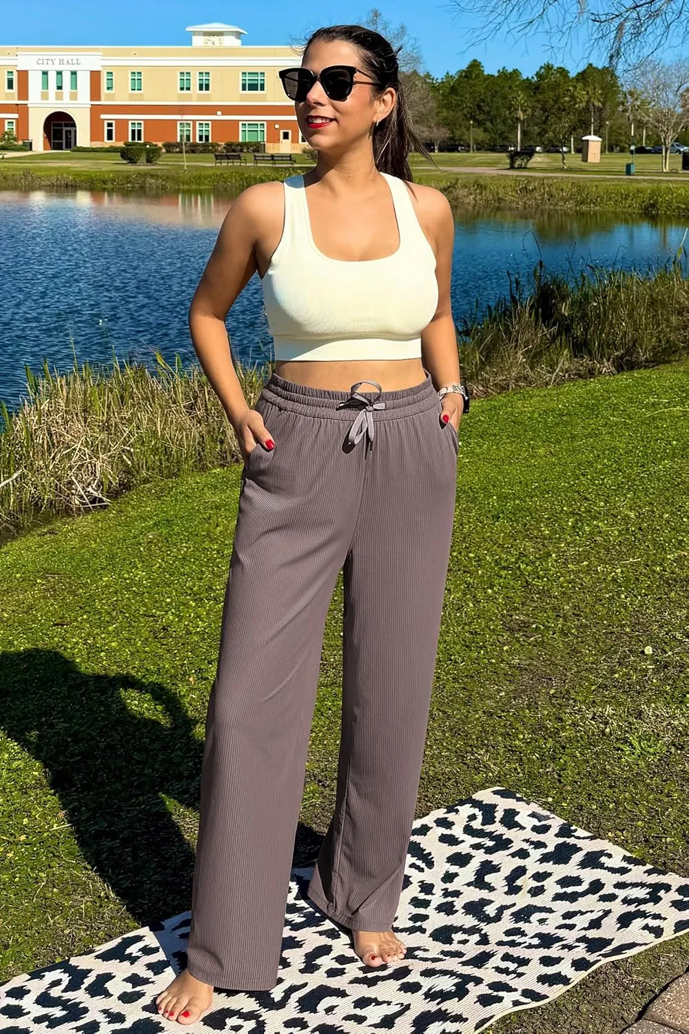 G4Free Ribbed Wide Leg Yoga Pants for Women with Pockets Drawstring High Waist Casual Lounge Pants Petite/Regular/Tall
