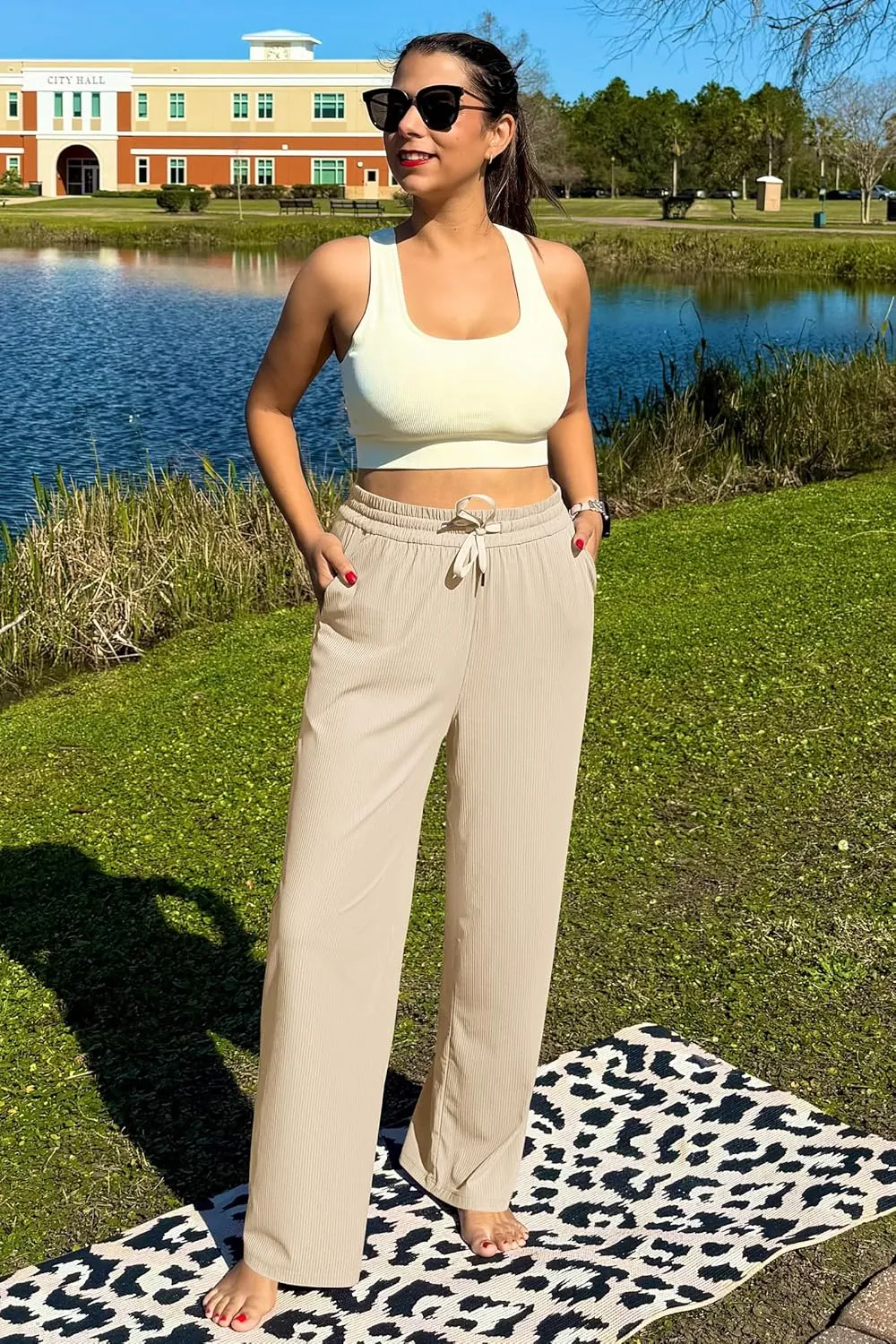 G4Free Ribbed Wide Leg Yoga Pants for Women with Pockets Drawstring High Waist Casual Lounge Pants Petite/Regular/Tall