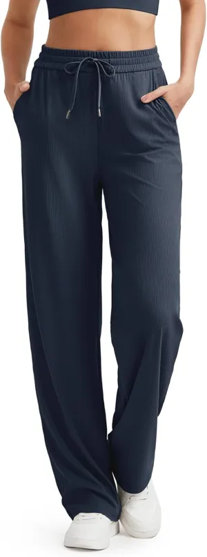 G4Free Ribbed Wide Leg Yoga Pants for Women with Pockets Drawstring High Waist Casual Lounge Pants Petite/Regular/Tall