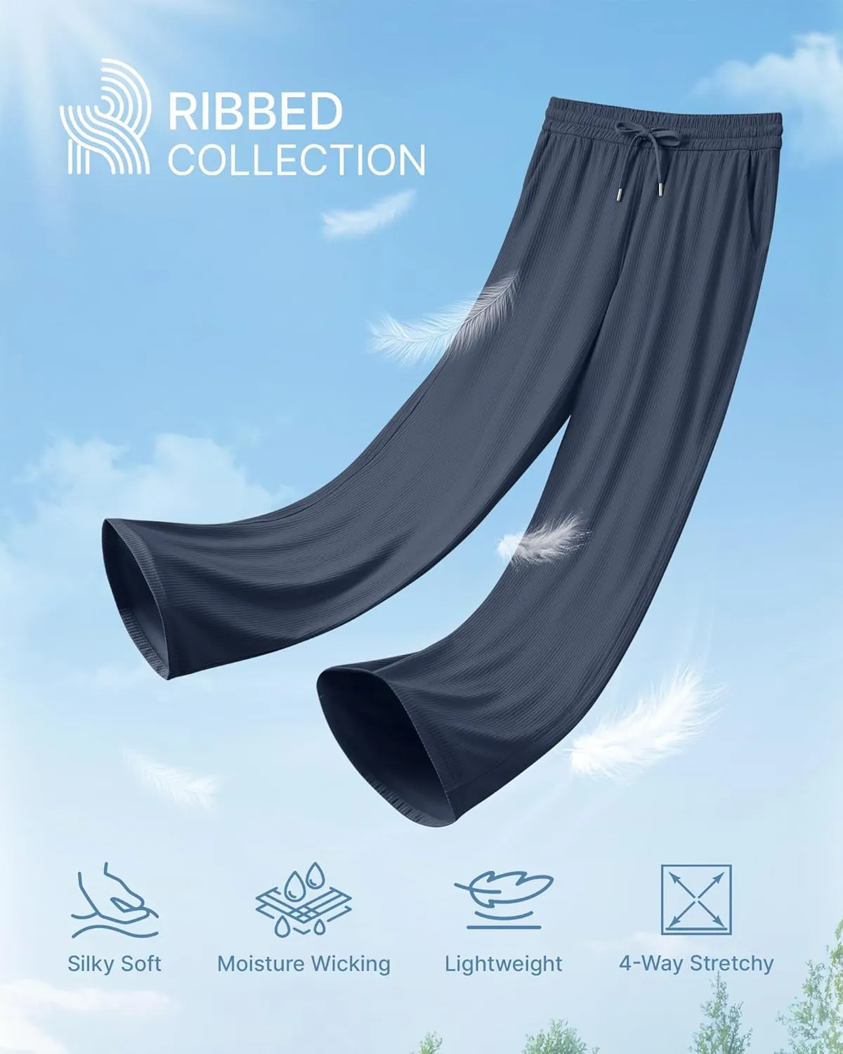 G4Free Ribbed Wide Leg Yoga Pants for Women with Pockets Drawstring High Waist Casual Lounge Pants Petite/Regular/Tall