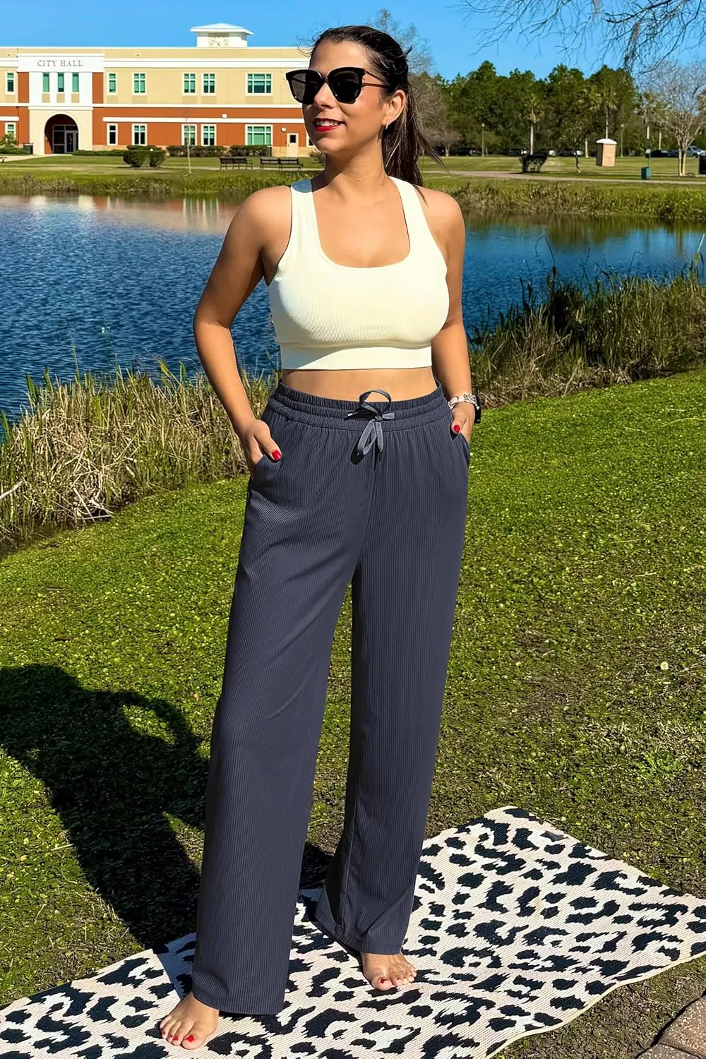 G4Free Ribbed Wide Leg Yoga Pants for Women with Pockets Drawstring High Waist Casual Lounge Pants Petite/Regular/Tall