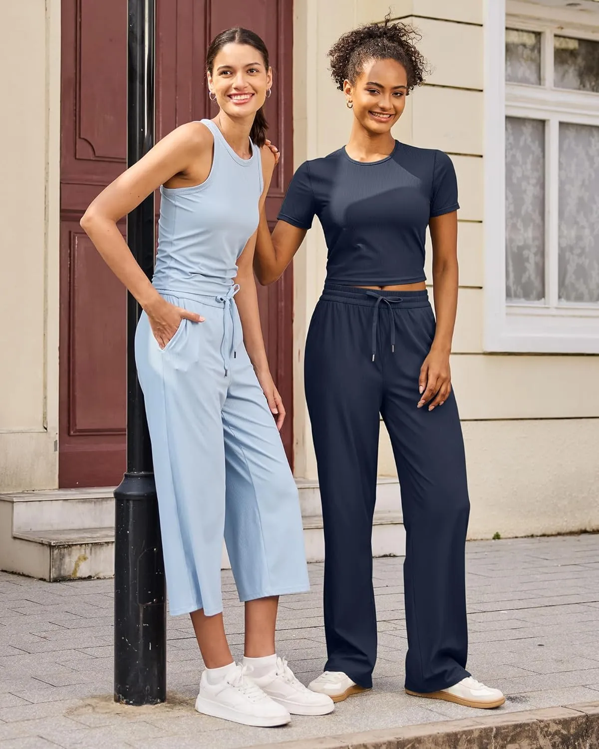 G4Free Ribbed Wide Leg Yoga Pants for Women with Pockets Drawstring High Waist Casual Lounge Pants Petite/Regular/Tall