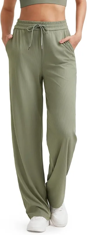 G4Free Ribbed Wide Leg Yoga Pants for Women with Pockets Drawstring High Waist Casual Lounge Pants Petite/Regular/Tall