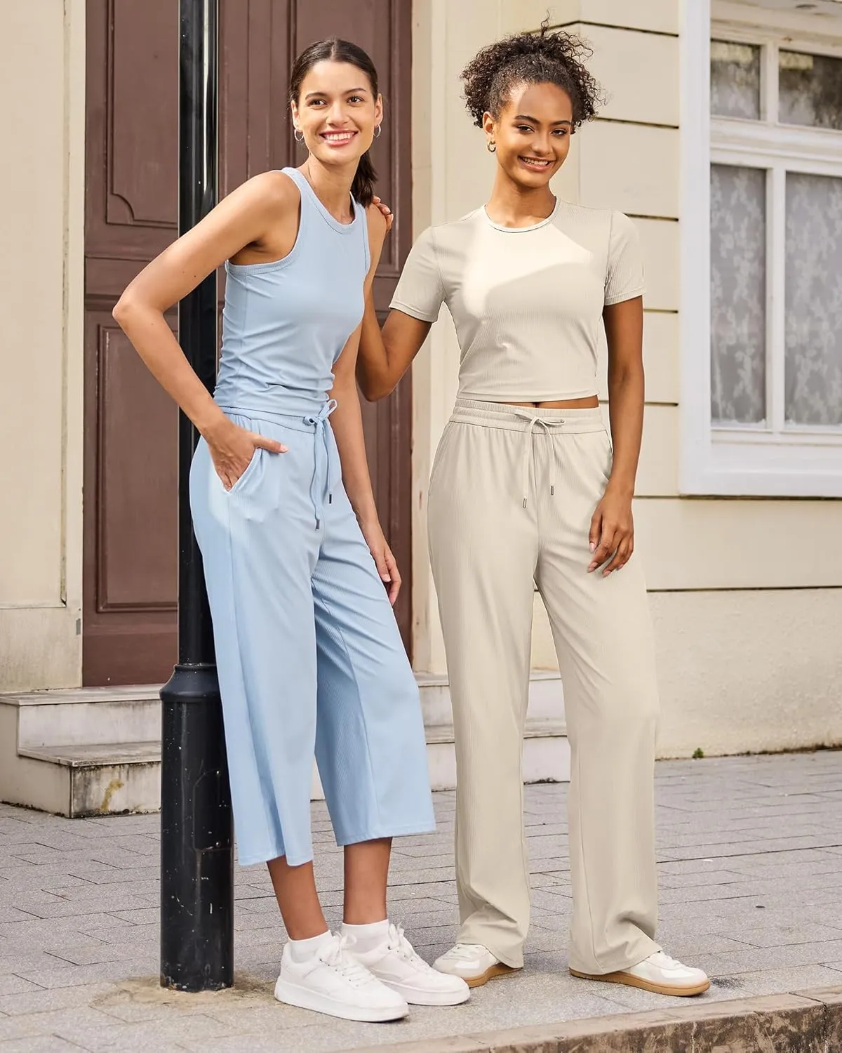 G4Free Ribbed Wide Leg Yoga Pants for Women with Pockets Drawstring High Waist Casual Lounge Pants Petite/Regular/Tall
