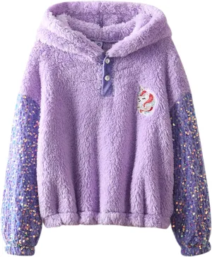 Girls' Button-Detail Fuzzy Sherpa Fleece Hoodie with Unicorn Patch & Sequin Sleeves  Cozy & Warm Kids' Pullover