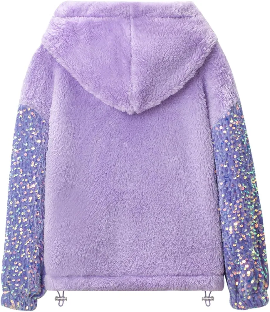 Girls' Button-Detail Fuzzy Sherpa Fleece Hoodie with Unicorn Patch & Sequin Sleeves  Cozy & Warm Kids' Pullover