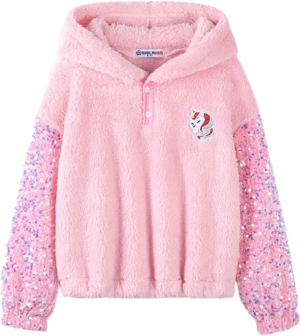 Girls' Button-Detail Fuzzy Sherpa Fleece Hoodie with Unicorn Patch & Sequin Sleeves  Cozy & Warm Kids' Pullover