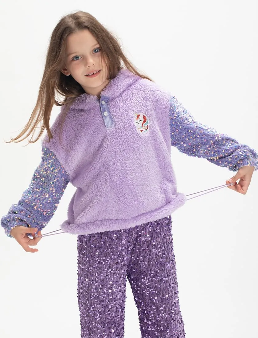 Girls' Button-Detail Fuzzy Sherpa Fleece Hoodie with Unicorn Patch & Sequin Sleeves  Cozy & Warm Kids' Pullover