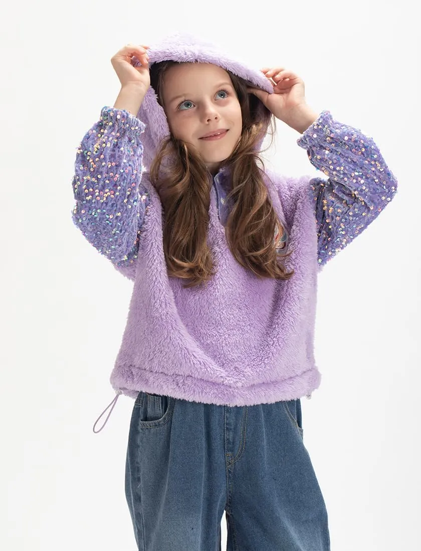 Girls' Button-Detail Fuzzy Sherpa Fleece Hoodie with Unicorn Patch & Sequin Sleeves  Cozy & Warm Kids' Pullover