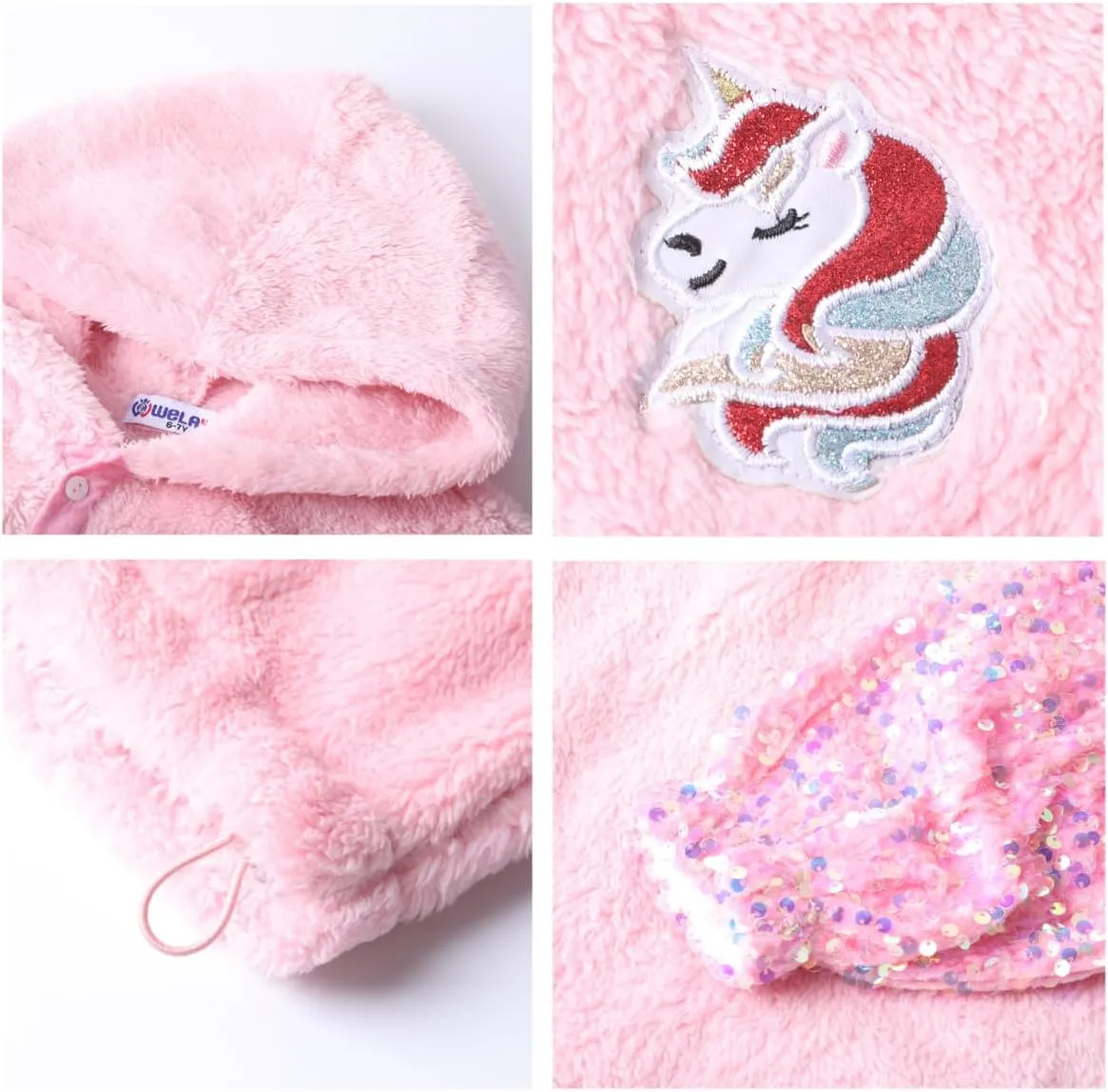 Girls' Button-Detail Fuzzy Sherpa Fleece Hoodie with Unicorn Patch & Sequin Sleeves  Cozy & Warm Kids' Pullover
