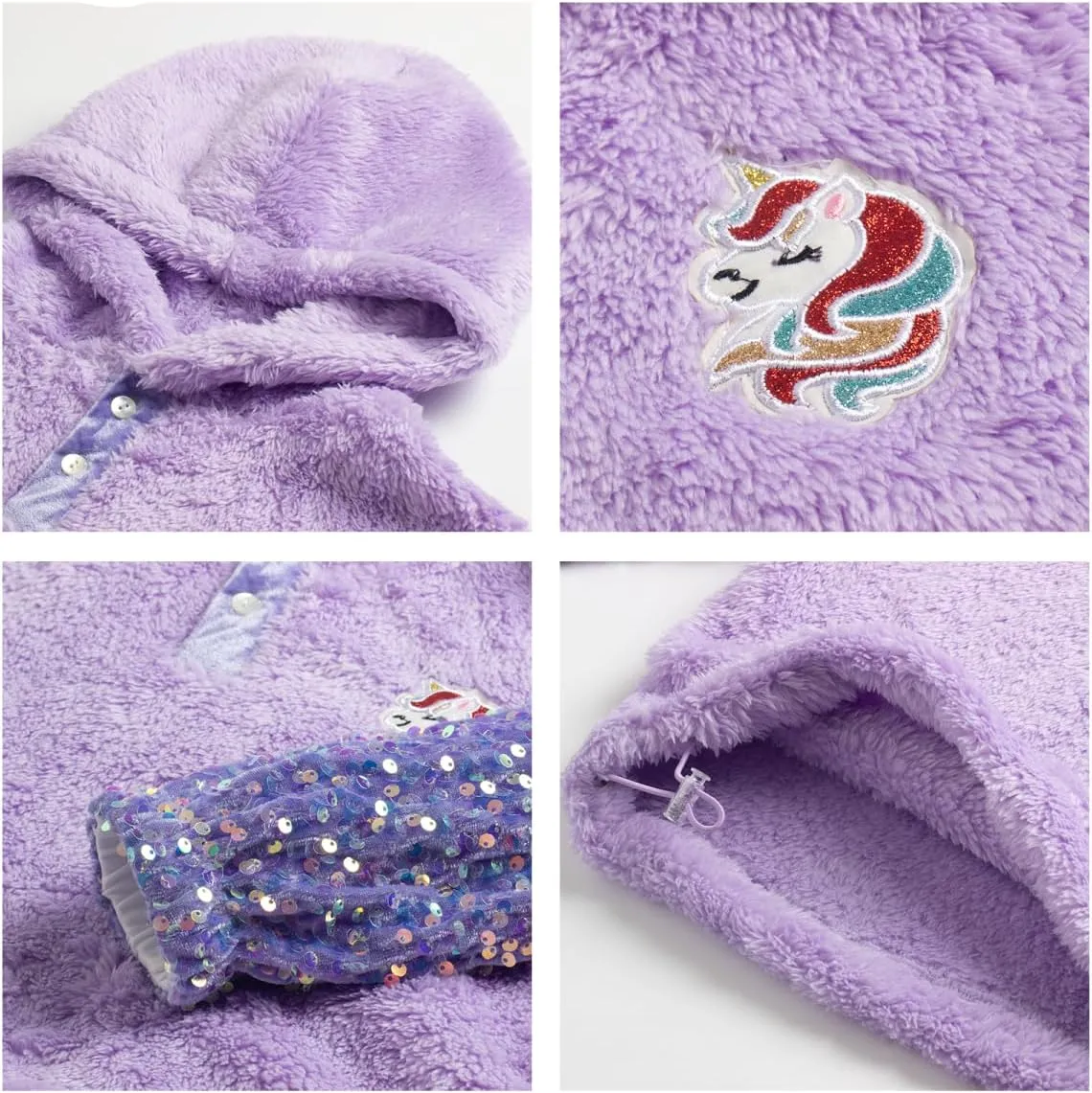 Girls' Button-Detail Fuzzy Sherpa Fleece Hoodie with Unicorn Patch & Sequin Sleeves  Cozy & Warm Kids' Pullover