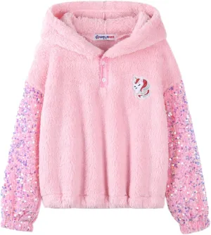Girls' Button-Detail Fuzzy Sherpa Fleece Hoodie with Unicorn Patch & Sequin Sleeves  Cozy & Warm Kids' Pullover
