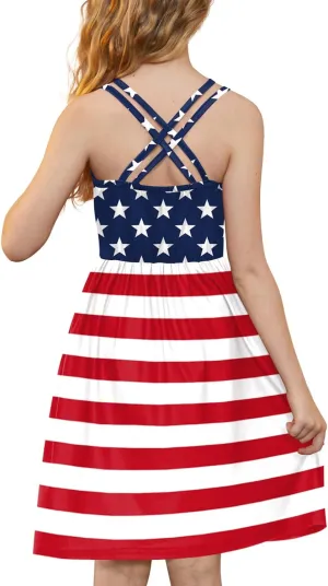 Girls Summer Casual Sleeveless Criss Cross Cami Dress 4th of July American Flag Midi Sundress with Pockets 4-14Y
