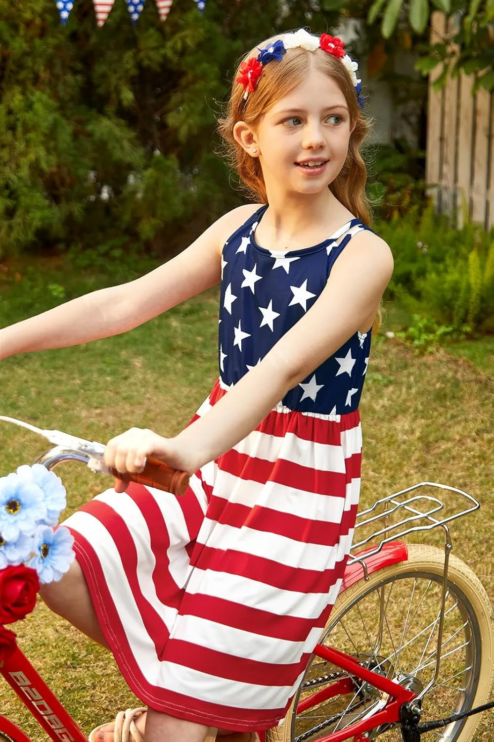 Girls Summer Casual Sleeveless Criss Cross Cami Dress 4th of July American Flag Midi Sundress with Pockets 4-14Y