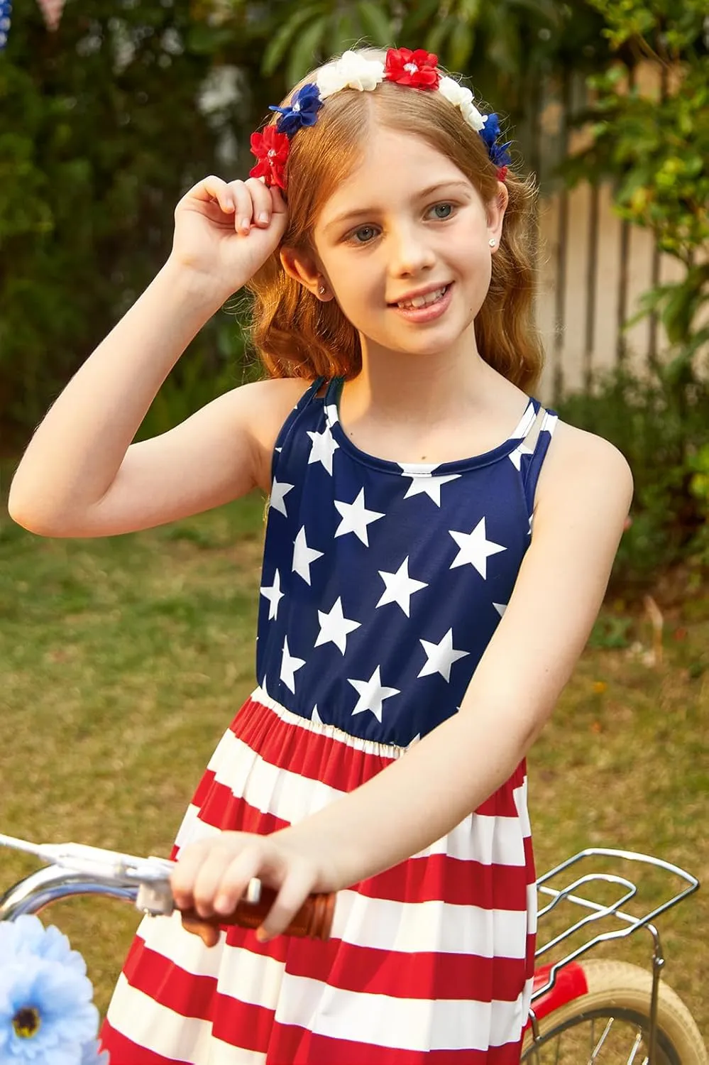 Girls Summer Casual Sleeveless Criss Cross Cami Dress 4th of July American Flag Midi Sundress with Pockets 4-14Y