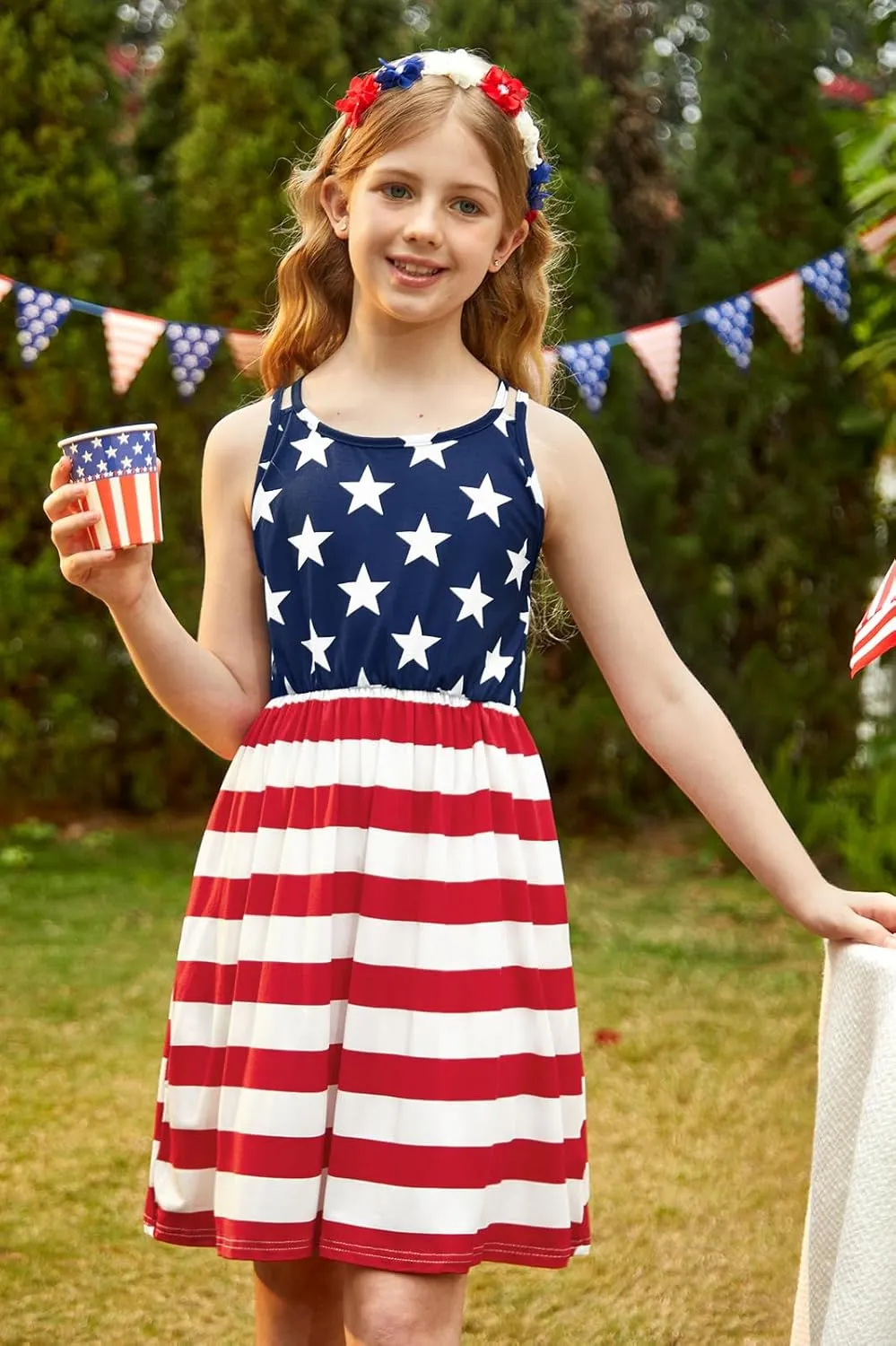 Girls Summer Casual Sleeveless Criss Cross Cami Dress 4th of July American Flag Midi Sundress with Pockets 4-14Y