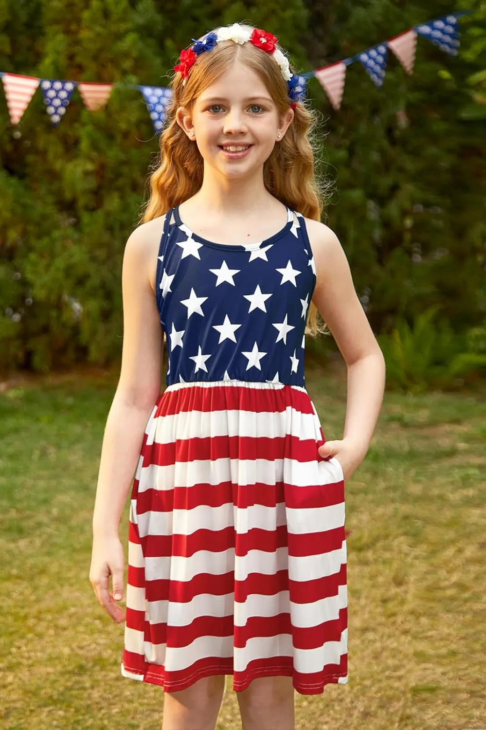 Girls Summer Casual Sleeveless Criss Cross Cami Dress 4th of July American Flag Midi Sundress with Pockets 4-14Y