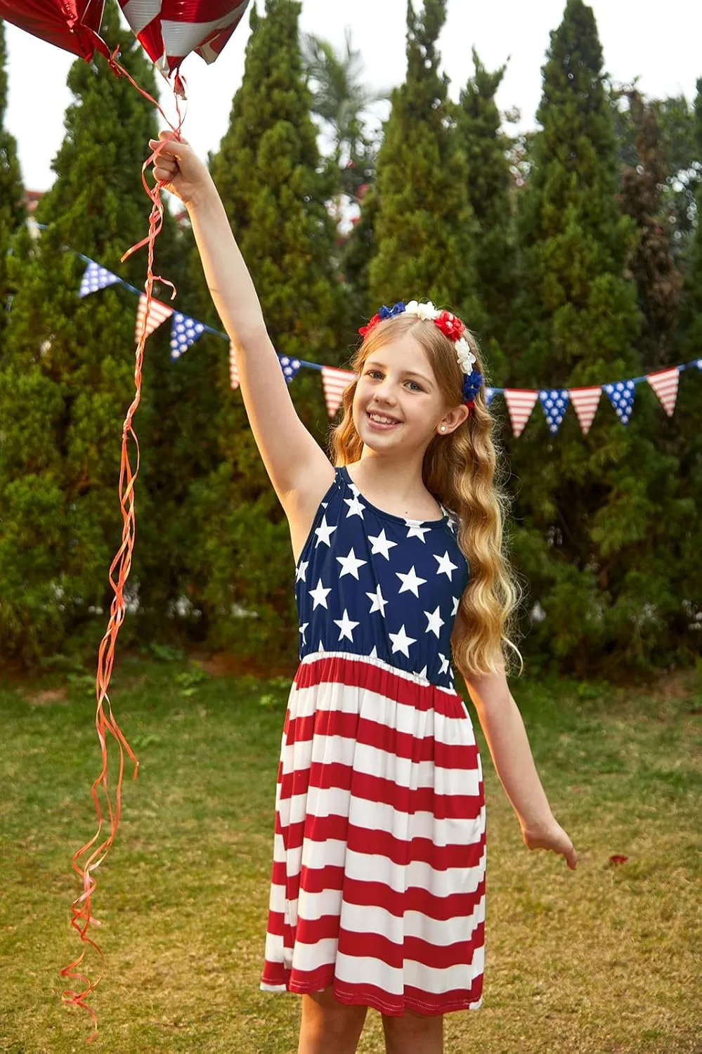 Girls Summer Casual Sleeveless Criss Cross Cami Dress 4th of July American Flag Midi Sundress with Pockets 4-14Y