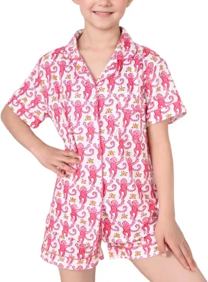 Girls Summer Outfit, Kids 2 Piece Button Down Monkey Beach Shorts Set Ugly Animal Y2k Preppy Loungewear Pjs (US, Age, 8 Years, 9 Years, Pink)