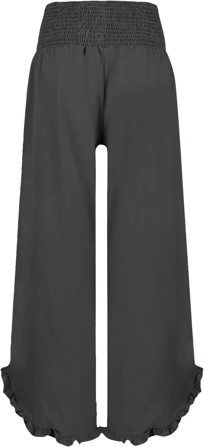 GOKKILRW Women Linen Pants Summer Wide Leg Beach Capris Lightweight High Waist Ruffle Flowy Palazzo Pant Boho Casual Trousers