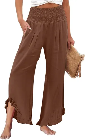 GOKKILRW Women Linen Pants Summer Wide Leg Beach Capris Lightweight High Waist Ruffle Flowy Palazzo Pant Boho Casual Trousers