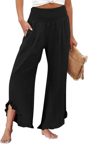 GOKKILRW Women Linen Pants Summer Wide Leg Beach Capris Lightweight High Waist Ruffle Flowy Palazzo Pant Boho Casual Trousers