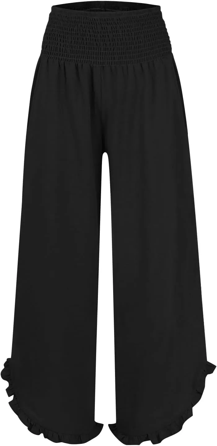 GOKKILRW Women Linen Pants Summer Wide Leg Beach Capris Lightweight High Waist Ruffle Flowy Palazzo Pant Boho Casual Trousers