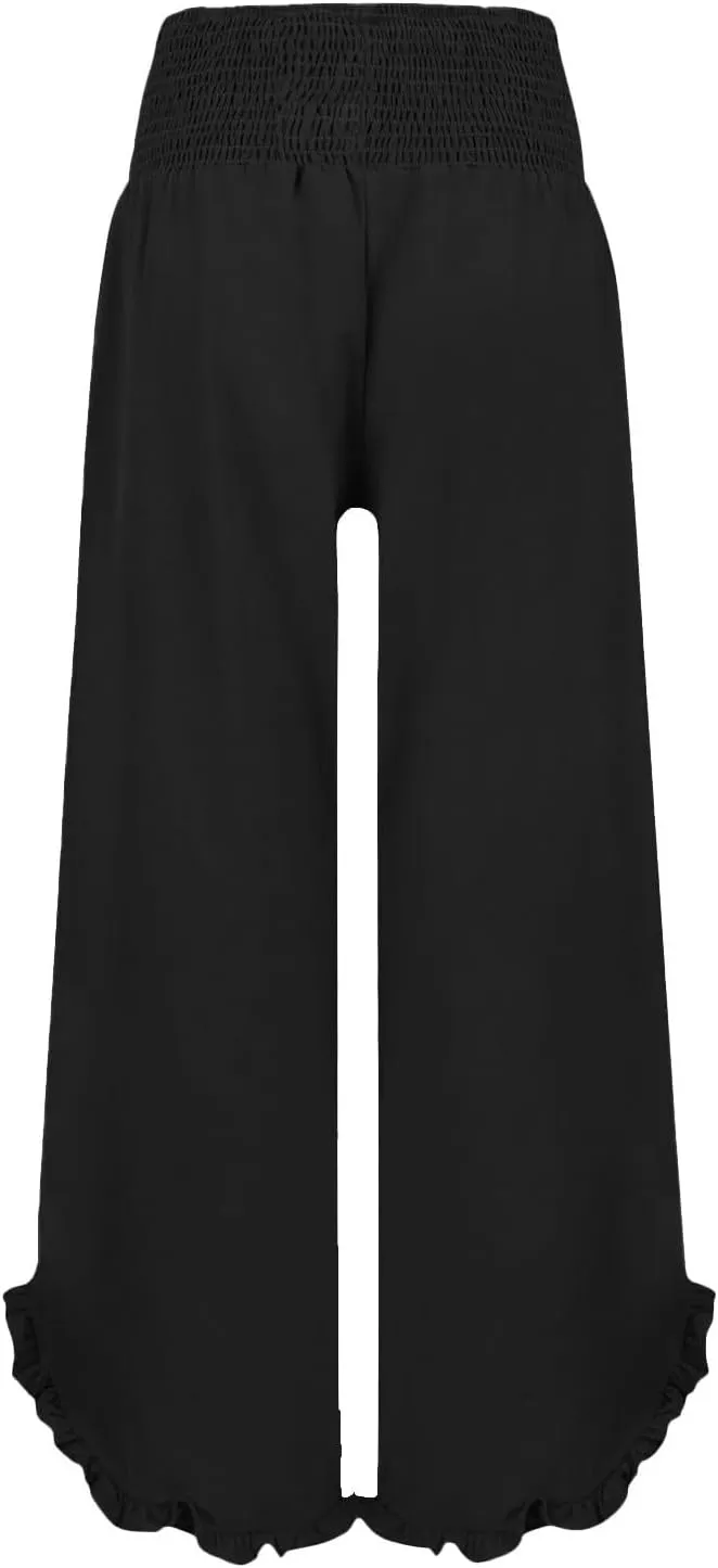 GOKKILRW Women Linen Pants Summer Wide Leg Beach Capris Lightweight High Waist Ruffle Flowy Palazzo Pant Boho Casual Trousers