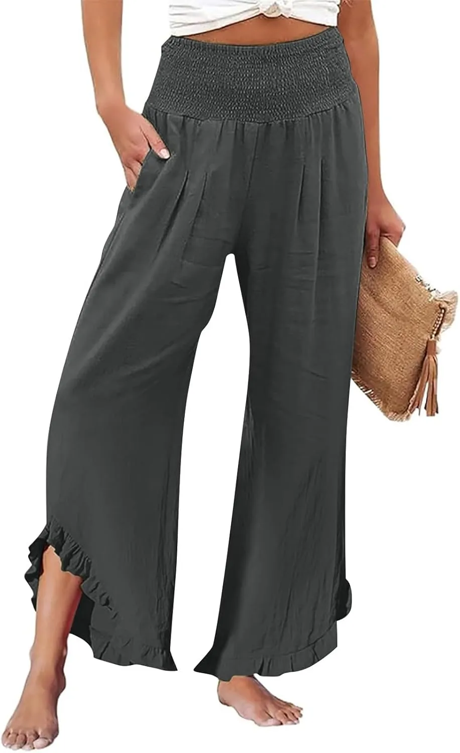 GOKKILRW Women Linen Pants Summer Wide Leg Beach Capris Lightweight High Waist Ruffle Flowy Palazzo Pant Boho Casual Trousers