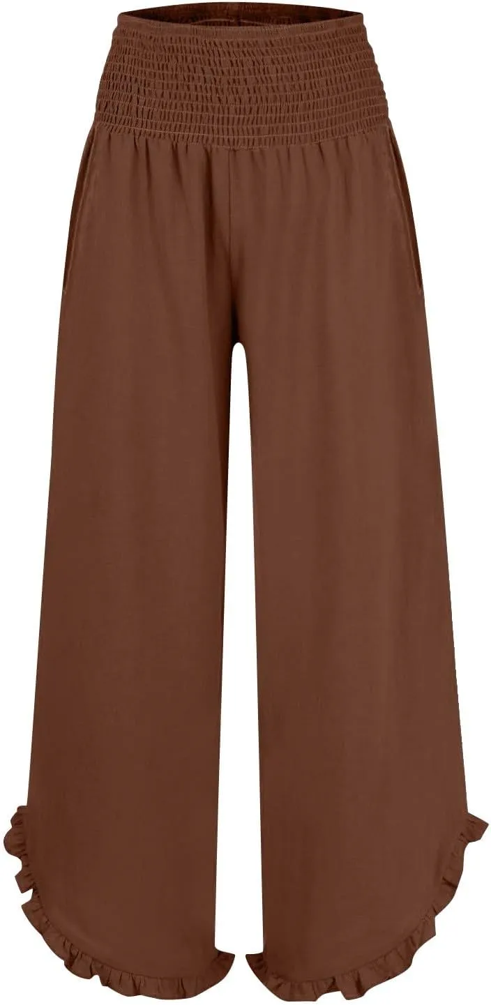 GOKKILRW Women Linen Pants Summer Wide Leg Beach Capris Lightweight High Waist Ruffle Flowy Palazzo Pant Boho Casual Trousers