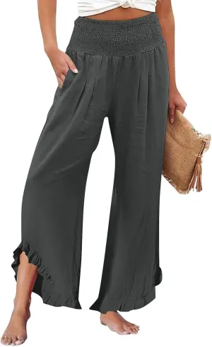 GOKKILRW Women Linen Pants Summer Wide Leg Beach Capris Lightweight High Waist Ruffle Flowy Palazzo Pant Boho Casual Trousers
