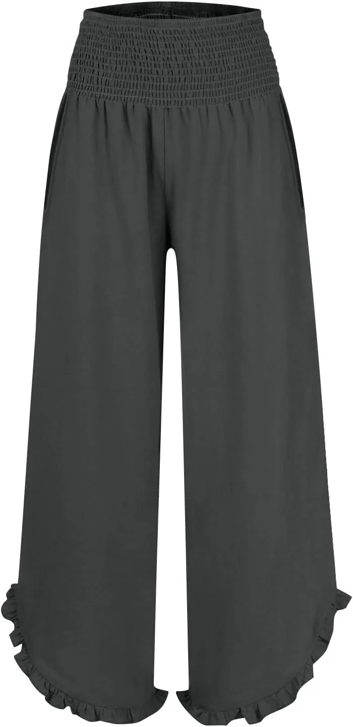 GOKKILRW Women Linen Pants Summer Wide Leg Beach Capris Lightweight High Waist Ruffle Flowy Palazzo Pant Boho Casual Trousers