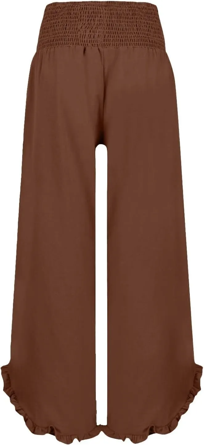 GOKKILRW Women Linen Pants Summer Wide Leg Beach Capris Lightweight High Waist Ruffle Flowy Palazzo Pant Boho Casual Trousers