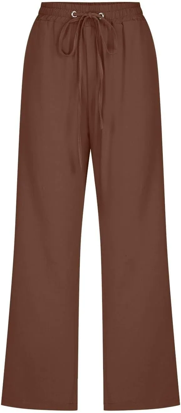 GOKKILRW Womens Linen Summer Capri Pants Casual Beach Capris Drawstring High Waist Pants Wide Leg Cropped Trousers Joggers
