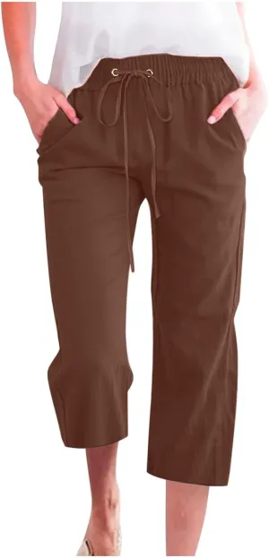 GOKKILRW Womens Linen Summer Capri Pants Casual Beach Capris Drawstring High Waist Pants Wide Leg Cropped Trousers Joggers