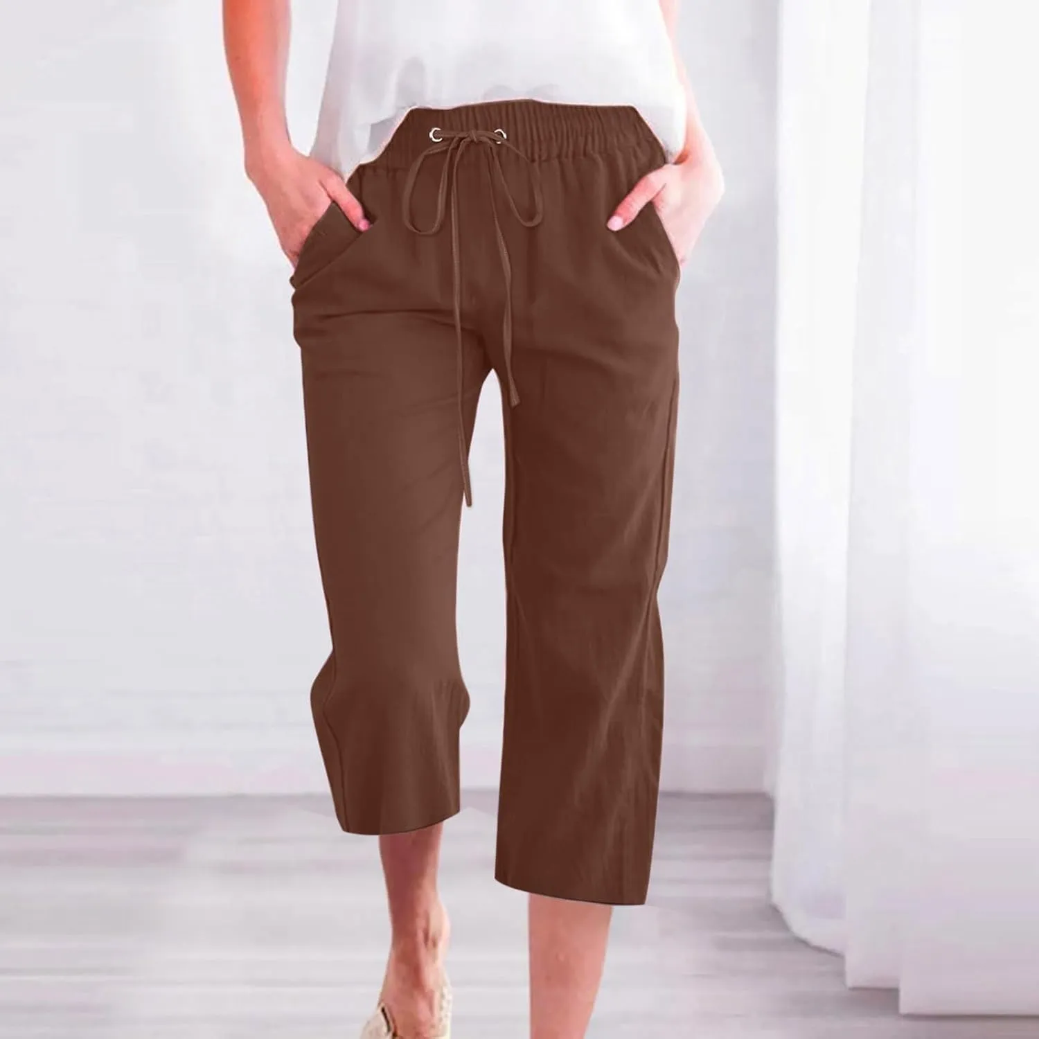 GOKKILRW Womens Linen Summer Capri Pants Casual Beach Capris Drawstring High Waist Pants Wide Leg Cropped Trousers Joggers