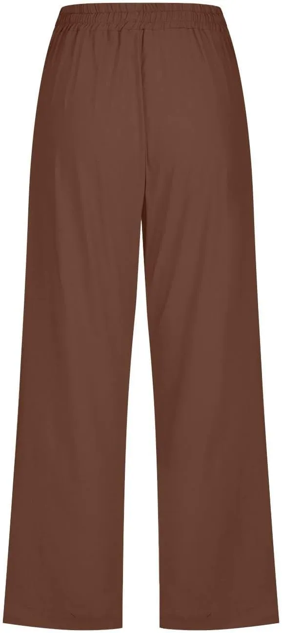 GOKKILRW Womens Linen Summer Capri Pants Casual Beach Capris Drawstring High Waist Pants Wide Leg Cropped Trousers Joggers