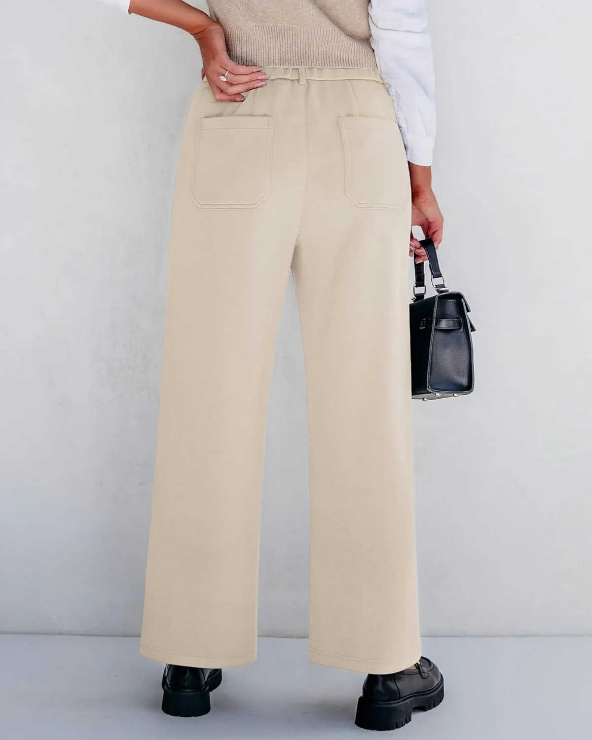 GRAPENT Wide Leg Pants Woman High Waisted Business Casual Elastic Waist Cropped Trouser Pockets Stretch Fall Knit Pants