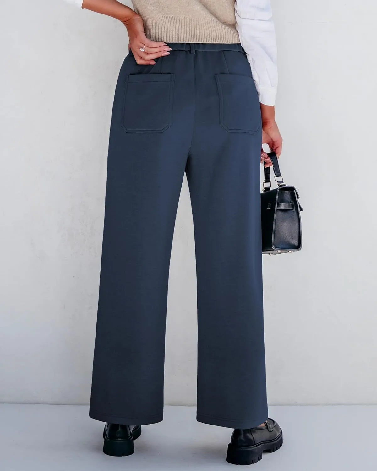 GRAPENT Wide Leg Pants Woman High Waisted Business Casual Elastic Waist Cropped Trouser Pockets Stretch Fall Knit Pants