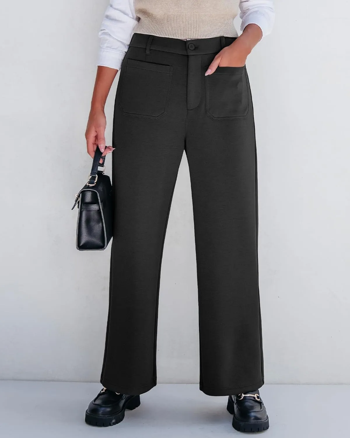 GRAPENT Wide Leg Pants Woman High Waisted Business Casual Elastic Waist Cropped Trouser Pockets Stretch Fall Knit Pants