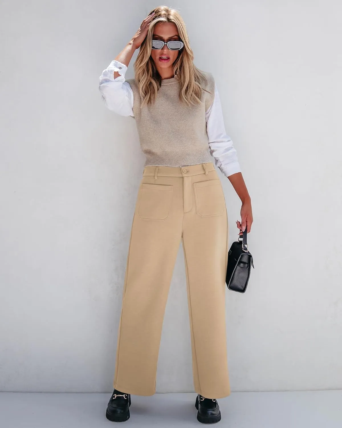 GRAPENT Wide Leg Pants Woman High Waisted Business Casual Elastic Waist Cropped Trouser Pockets Stretch Fall Knit Pants