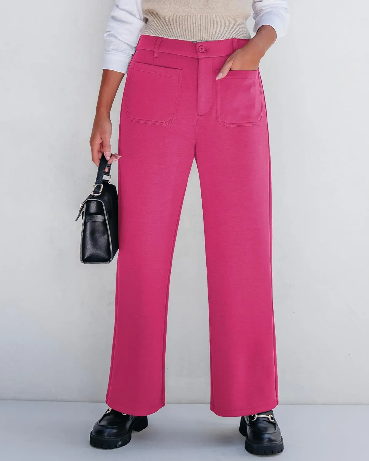 GRAPENT Wide Leg Pants Woman High Waisted Business Casual Elastic Waist Cropped Trouser Pockets Stretch Fall Knit Pants