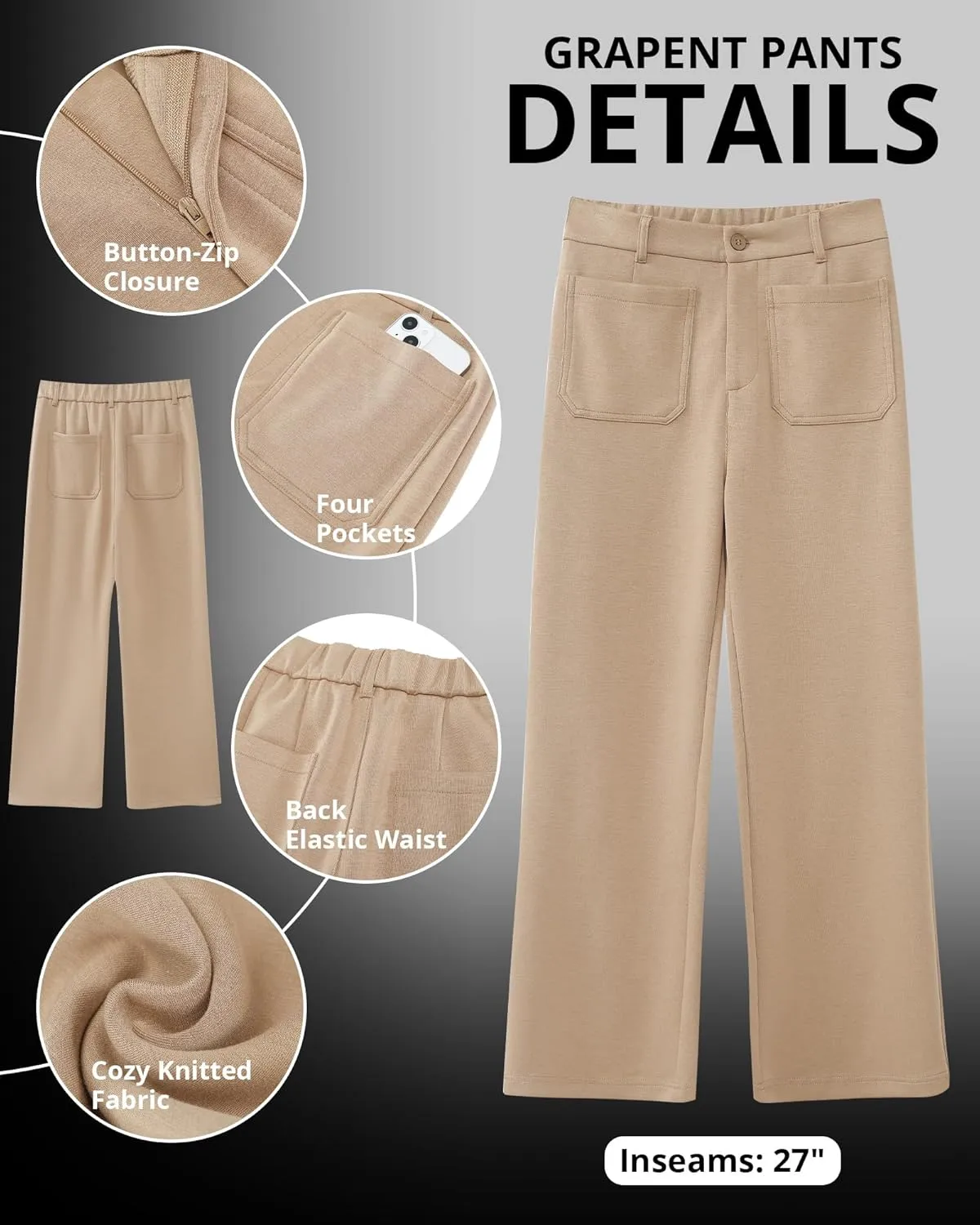 GRAPENT Wide Leg Pants Woman High Waisted Business Casual Elastic Waist Cropped Trouser Pockets Stretch Fall Knit Pants